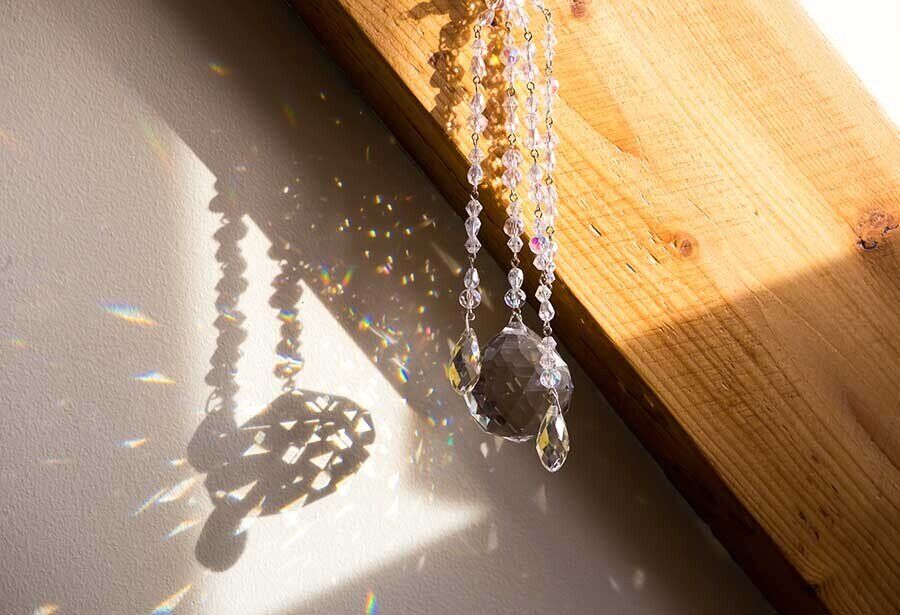 Understanding Feng Shui, an image of a hanging crystal to enhance the chi energy of the living space, as indicated by the bagua map