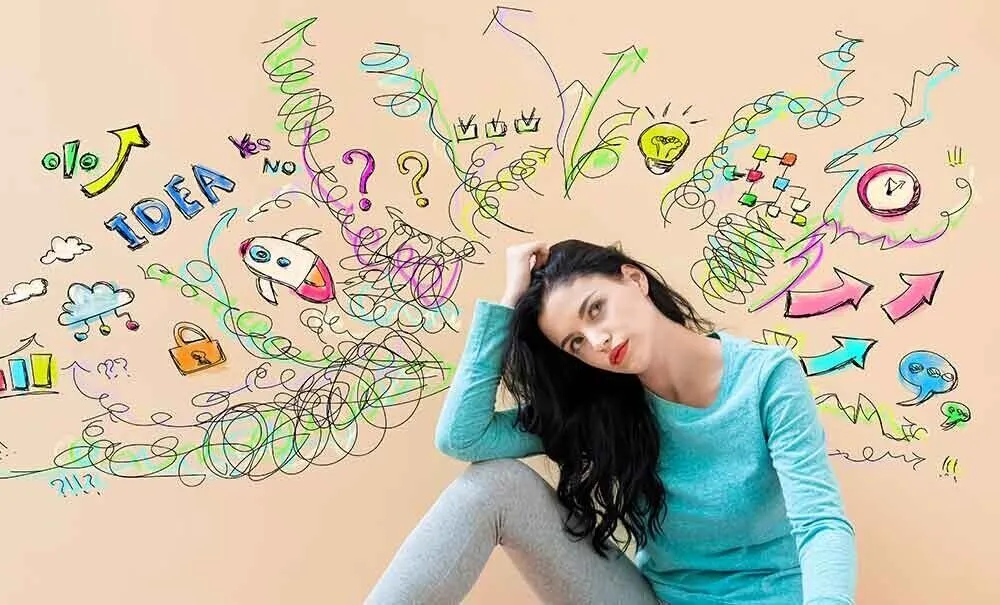 Mental clutter. A photograph of a woman will an illustration represeting mental clutter